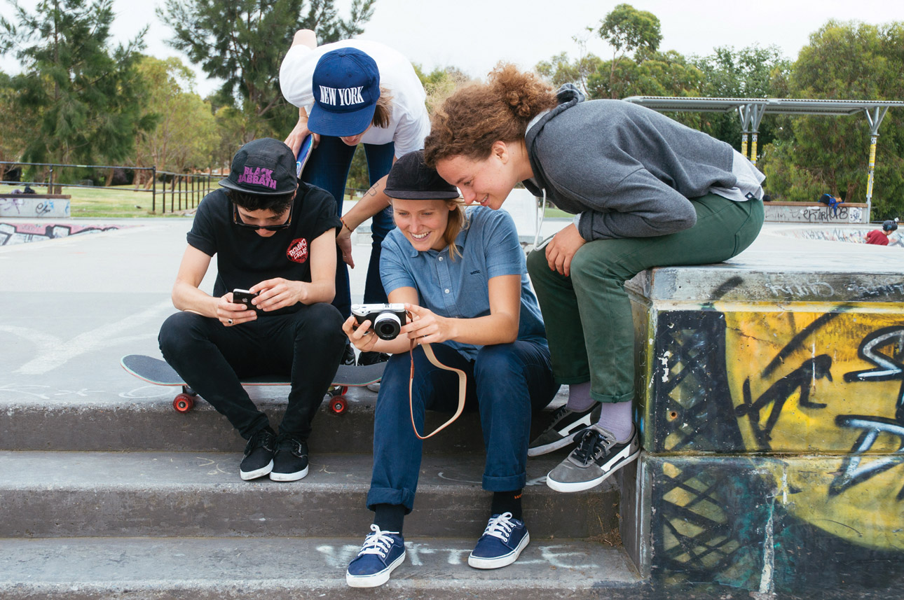 Esther Godoy, Monica Shaw, Sarah Meurle and Louisa Menke checking footage in Melbourne