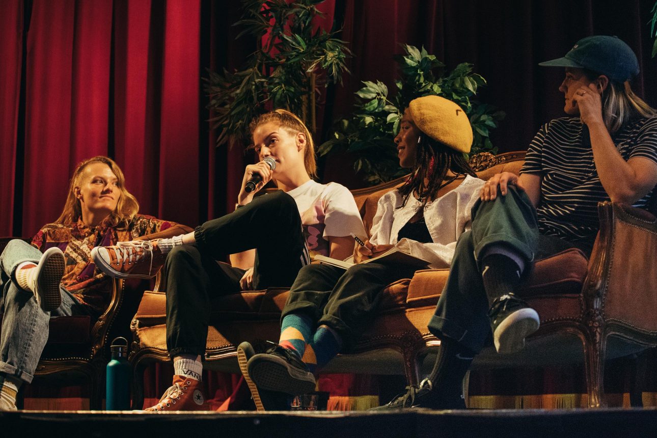 Candy Jacobs, Amber Edmondson, Kava Garcia Vasquez and Kristin Ebeling speak on The Revolution Will Not Be Patronised panel at Pushing Boarders.