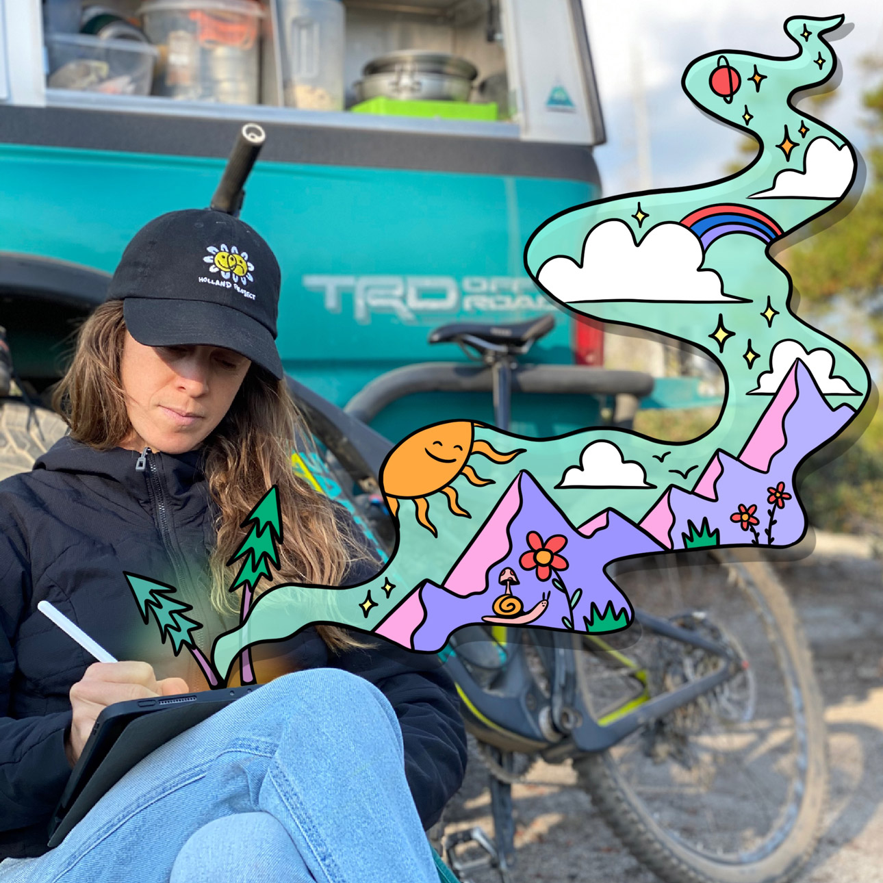 Hannah Eddy creating art on her iPad while on the road.