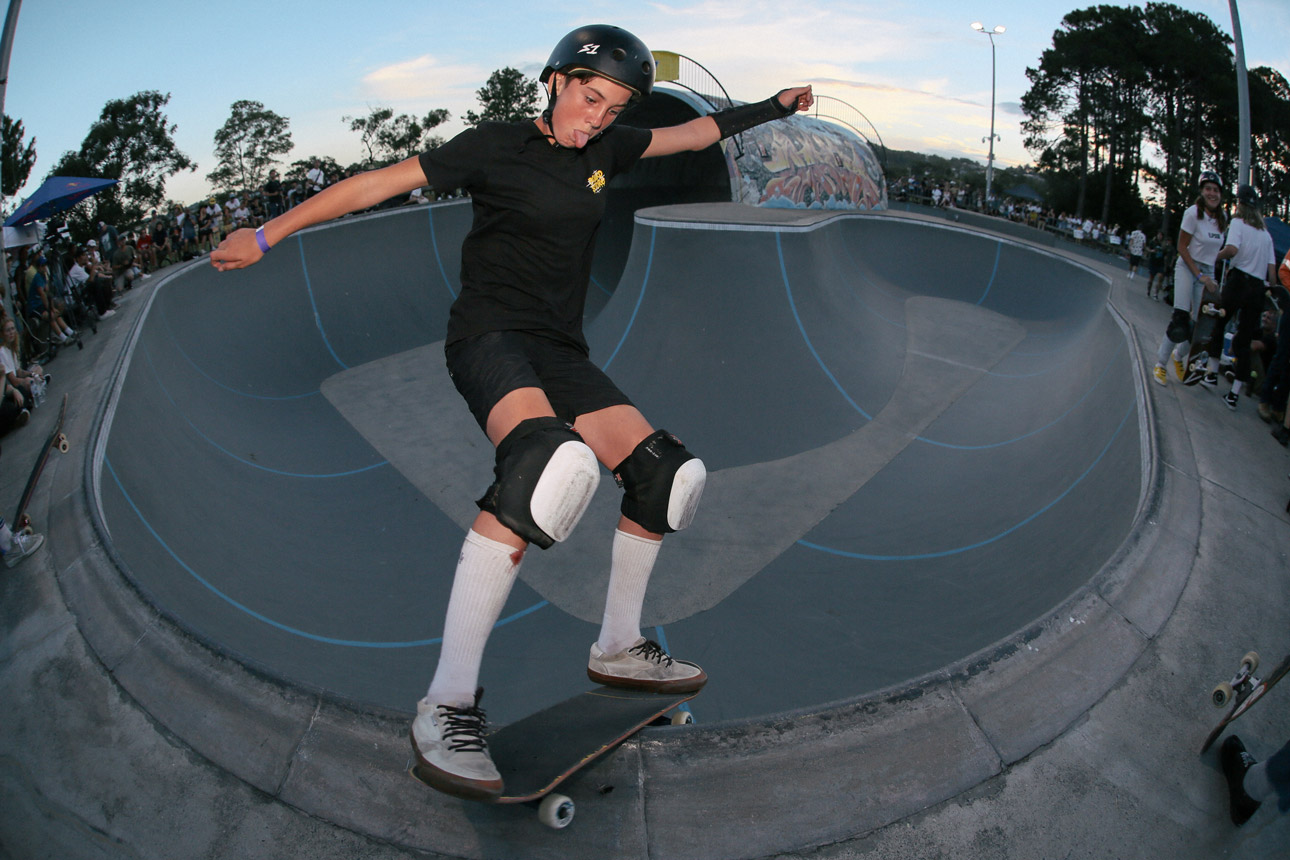 Zahra Johns sliding through the corner at BOWLZILLA Gold Coast 2021. Photo: Sarah Huston