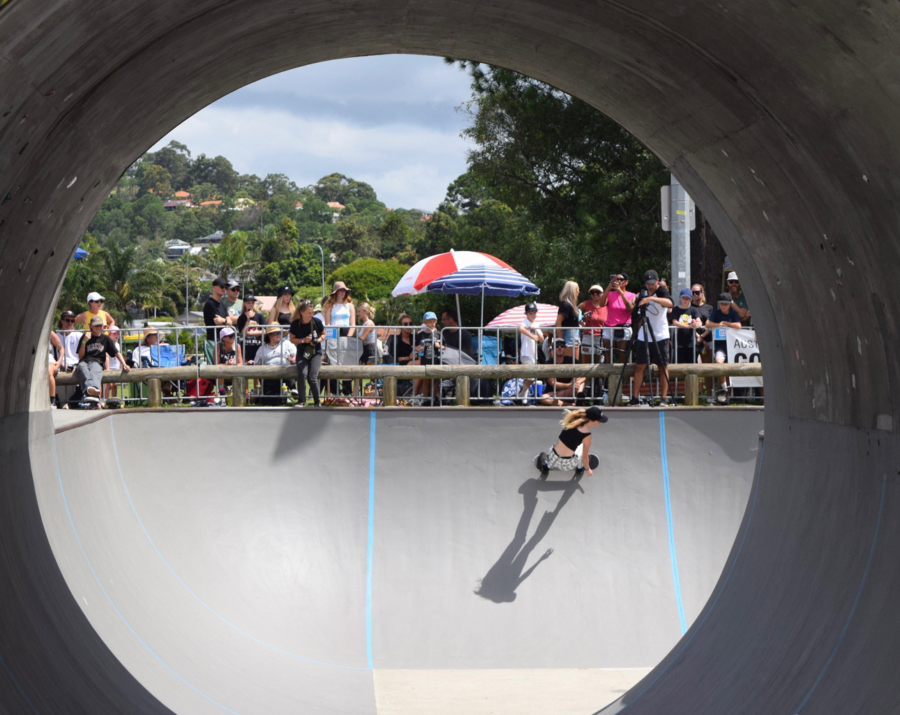 Aimee Massie through the fullpipe at BOWLZILLA Gold Coast 2021. Photo: Caitlin Norton